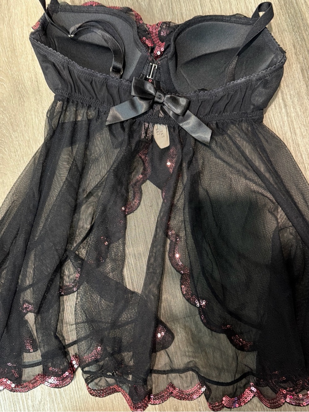 Victoria’s Secret Sexy Little Things Black Mesh Babydoll Pink Sequin Trim 34D - Picture 5 of 5